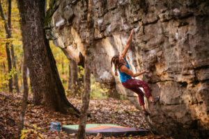 Woman bouldering in Three Gorges